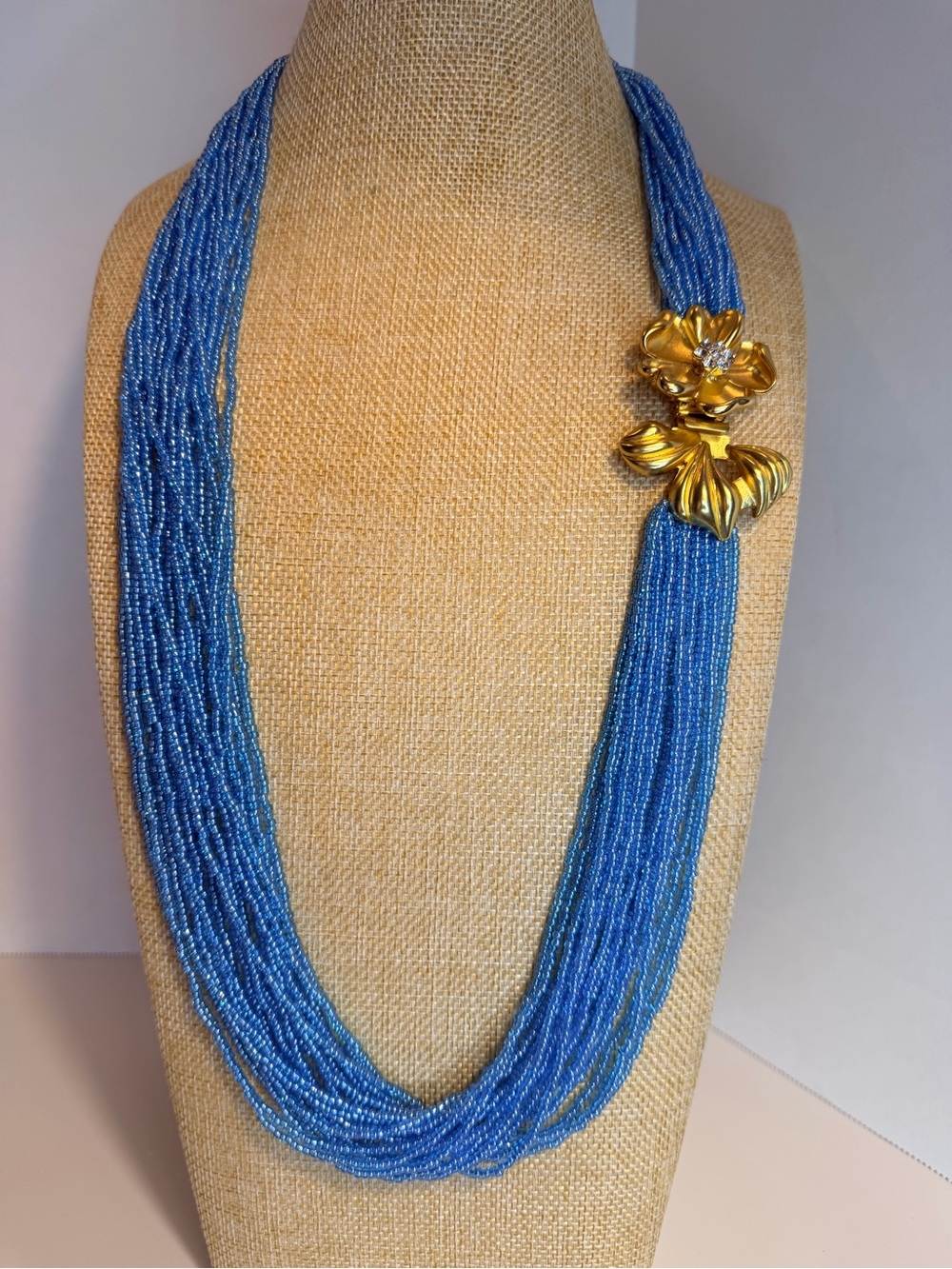 Vintage 1960’s Blue Multi-Strand Glass Beaded Necklace with Gold Torsade Clasp